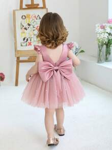 女婴短袖蝴蝶结薄纱派对礼服，优雅公主裙，适合一周岁生日、婚礼、宴会、派对等场合。