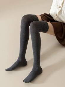 1双女士秋季过膝袜，高筒防滑修身纯色小腿袜，舒适袜子