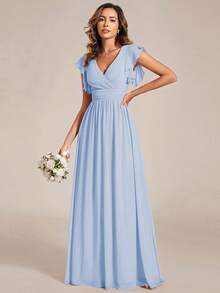 EVERPRETTY Pleated V-Neck Backless Asymmetric Chiffon Dress, Light Blue Bridesmaid/Mother Of The Bride Dress - Baby Blue - View 7