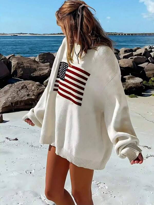 Sudadera holgada de manga larga de poliéster con estampado de bandera americana para mujer