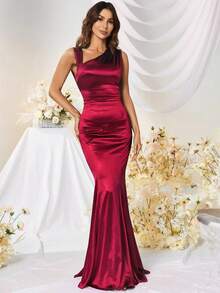 1950s Retro Asymmetric Neckline Mermaid Hem Satin Party Dress Wedding - Red - View 3