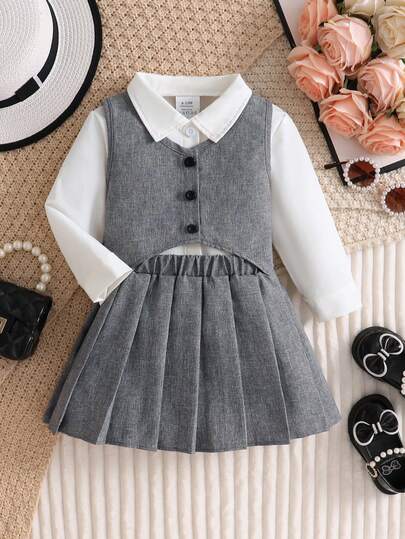 3pcs Baby Girls Comfortable Soft Formal Outfit: Solid Color Buttoned V-Neck Vest + Solid Color Turndown Collar Buttoned Shirt + Elastic Waist Pleated Skirt, Elegant Outdoor Casual Wear For Infants 0-1-2-3 Years Old, 6-9 Months, Suitable For Outdoor, Casual, Daily, Play, Holiday, Party
