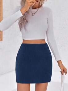 Womens Corduroy Mini Skirt High Waisted A Line Pencil Short Skirts Casual Basic Bottoms - Màu xanh hải quân - Xem 4