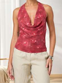 Women's Floral Halter Tops Cowl Neck Open Back Going Out Tops - Red - View 1