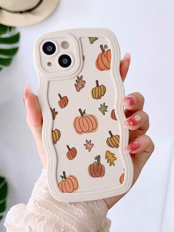 1pc Autumn Pumpkin Doodle Wave Pattern Full Body Shockproof Phone Case Compatible With Apple 15/14/13/12/11