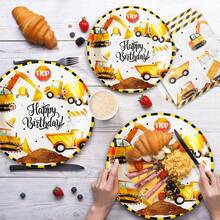 10pcs/50pcs/80pcs Construction Theme Birthday Party Decoration Set, Includes Plates, Cups, Napkins, Utensils, Perfect Choice For Birthday Party - Multicolor - View 4