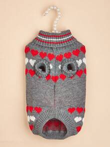 Heart-Shaped Red & Pink Jacquard Turtleneck Dog/Cat Sweater, Knitted Pullover For Poodle, Teddy Bear - Grey - View 6