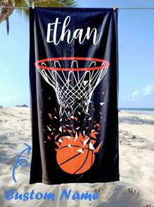 1PC Personalized Custom Beach Towel Featuring A Basketball-Themed Elements Background Design. You Can Have Your Name Customized On It. Ideal For Use On The Beach, Beside The Pool, And During Beach Holidays.