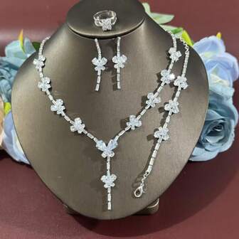 5pcs/Set Cubic Zirconia Butterfly Necklace, Earrings, Bracelet, Ring Jewelry Set, Suitable For Party, Banquet, Wedding, Bridal Accessories