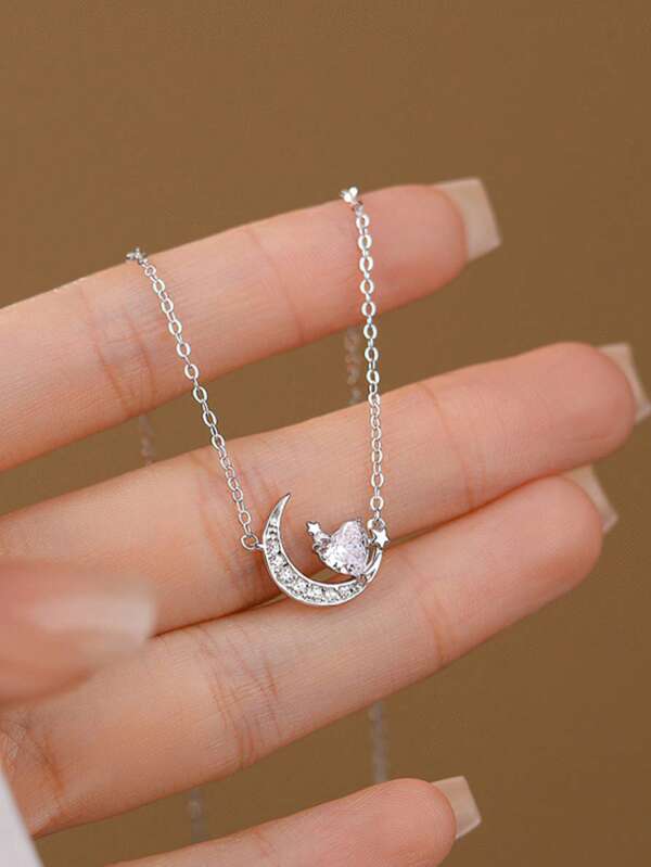 قلادة فضة إسترليني عيار 925 بتصميم بسيط بنجمة وقمر وقلب مرصعة بالزركونيا، تصميم فاخر وفريد أنيق لسلسلة الترقوة، هدية للمرأة