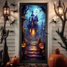 1pc-Pumpkin Castle Bat Halloween Door Cover - Gothic Polyester Banner With Vintage Horror Design, Spooky Outdoor/Indoor Decor For Haunted House & Halloween Party Entrance