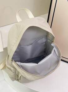 1 件纯色尼龙字母贴片女士背包，轻便大容量校园书包，简约户外休闲旅行包 - 米色 - 查看 6