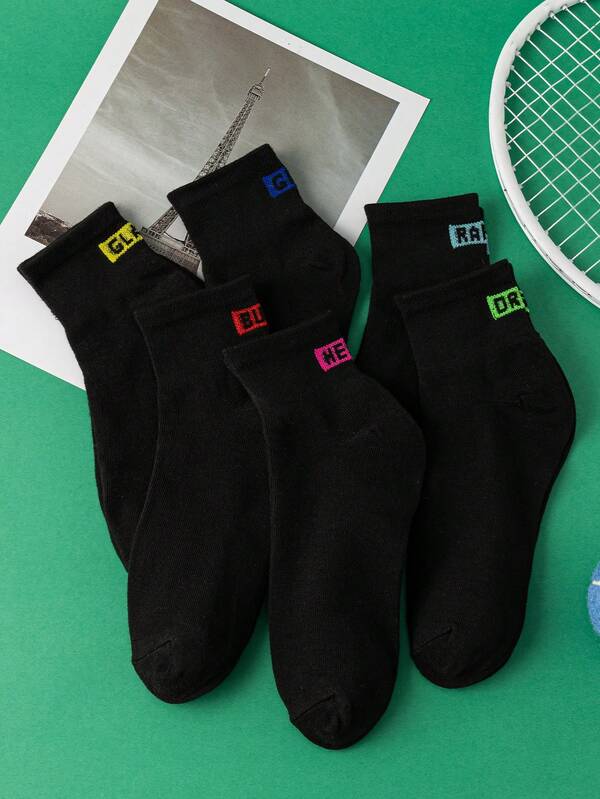 6 Pairs Black Stripe & Letter Design Moisture Wicking Comfortable Short Socks, Versatile College Style