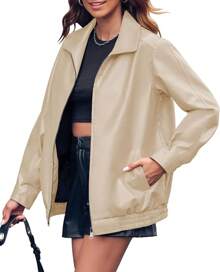 Womens Oversized Leather Jackets Faux Casual Zip Up Bomber Motorcycle With Pockets S-XL