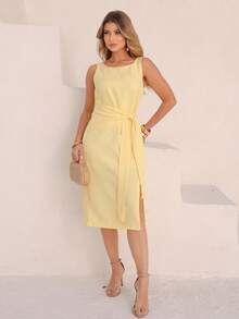 Women's Dress With Sophisticated Fit And Front Knot Knot Knot At The Front - 奶油黃 - 查看 1