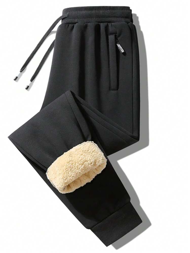男士冬季保暖修身锥形裤，可调节抽绳腰带，斜插口袋，适合通勤、徒步和户外活动，情人节礼物，黑色运动款 - 黑色 - 查看 7