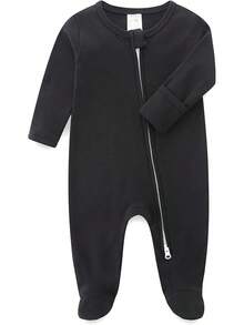 Organic Cotton Long Sleeve Zipper Footie 0~12MHalloween Christmas New Year - 黑色 - 查看 1