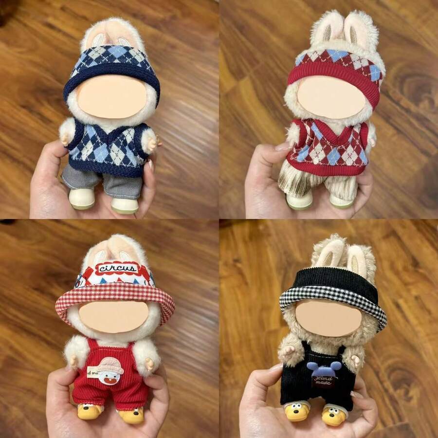 [Clothes Only] 17cm Labubu Clothes Suitable For 17cm Labobo Dolls, LBB Figurines And Other Dolls That Can Wear Clothes - Labobo Red & Blue Knitted Hat Set, Black & Red Suspender Pants Set For Labubu