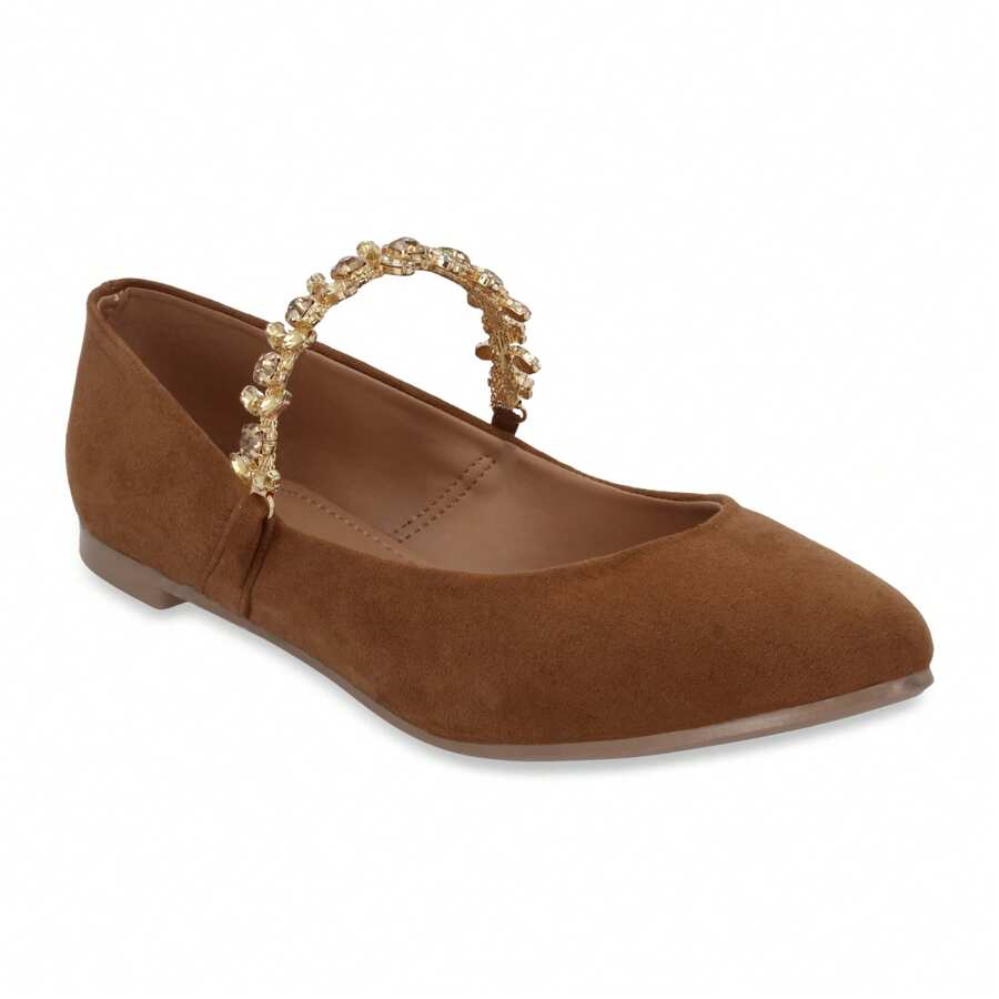 Zapatos Flats Mujer Color Cafe con brillos en cintas comodos Elegantes - Marrón - Ver 1