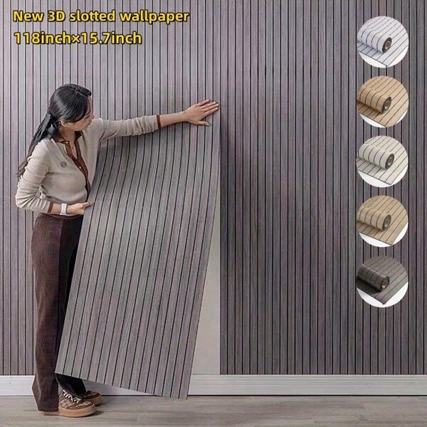 1 Roll Wood Grain Self-Adhesive Vertical Striped Grid Wall Sticker, PVC Self-Adhesive Wood Grain Wallpaper Roll, 3D Wall Sticker, 3mm Thick, Easy DIY, Suitable For Curved Walls, Ceilings, Partitions, TV Backdrops, Indoor Wall Renovation