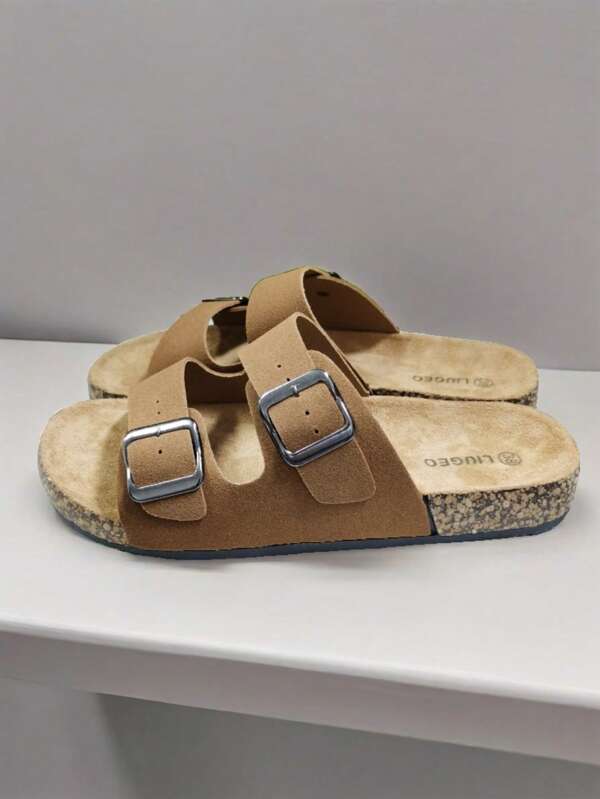 Sandalias de mula casuales con doble correa y hebilla, con suela de corcho suave y cómoda con soporte para el arco, aptas para uso interior/exterior para hombres y mujeres