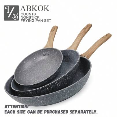 ABKOK مجموعة مقلاة غير لاصقة 1 قطعة/3 قطع - مقالي بمقابض خشبية قابلة للتعليق (7.8/9.7/11.3 بوصة)، صديقة للموقد والأدوات المطبخية، تباع بشكل منفصل أو كحزمة