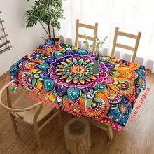1pc Bohemian Mandala Tablecloth - Vibrant Multicolor Rectangular Polyester Fabric, Suitable For Restaurant, Kitchen, Picnic Decor And Gifts, Durable Woven Decorative Tablecloth, Kitchen Dining Table Accessory, Woven Textile - Multicolor - View 14