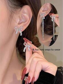Bow Earrings For Women  Sparkly Rhinestone Chain Tassel Earrings Cute Ribbon Stud Earring Daily Party Jewerly Gifts Christmas Stocking Stuffers - B1: Silver Bow Earrings - View 2
