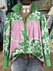 2025 Women's Vintage Floral Print Casual Long Sleeve Shirt - Pastel Green Geometric Pattern, Button Regular Fit Summer Top, Opaque Fabric - 彩色 - 查看 3
