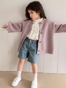 Dazy Kids Young Girl Solid Color Drop Shoulder Long Sleeve Single-Breasted Casual Cardigan, Autumn/Winter - Brown - View 4