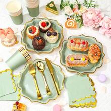 80件/套一次性派对不对称金箔餐具套装，包含绿色金箔不对称盘子、一次性杯子、餐巾，适用于节日、生日、聚会 - 綠色 - 查看 5