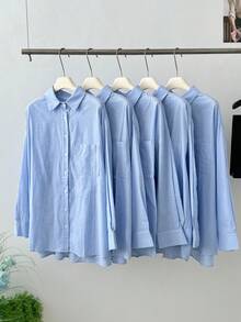 女士休闲宽松长袖衬衫（春季款） - 藍色 - 查看 9