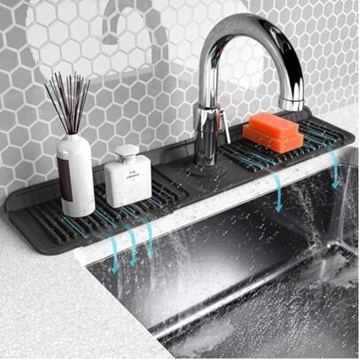 24 Inch Longer Faucet Mat For Kitchen Sink [5°Slope Fast Self-Draining]Bathroom Kitchen Sink Splash Guard Silicone Sink Faucet Mat Splash Guard Kitchen Sink Area Tidy Splash Faucet Guard Draining Mat