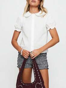 Women's Preppy Short Sleeve Blouse, Peter Pan Collar Button Down Shirt For Office Work, Casual Commute College Outfits, Summer TopButton Down Shirt - Long Sleeve Loose Fit Casual Blouse, Lightweight Breathable - 白色 - 查看 3