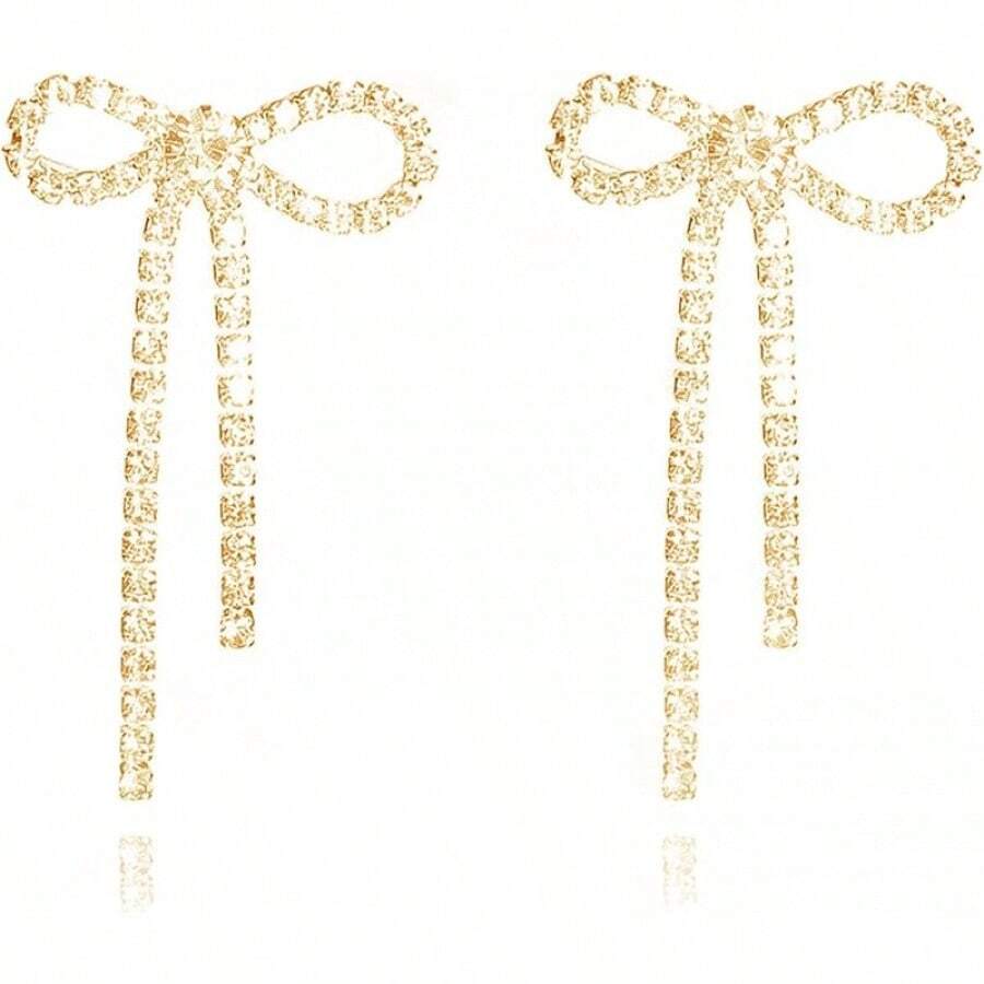 Bow Earrings For Women Sparkly Rhinestone Chain Tassel Earrings Cute Ribbon Stud Earring Daily Party Jewerly Gifts Christmas Stocking Stuffers - B7:金色蝴蝶結耳環 - 查看 1