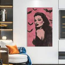 Framed 1pc Canvas Poster Vintage 50s Vampira Art Print Gothic Halloween Wall Decor Retro Horror-Inspired Pink And Black Illustration Vintage Style Vampire Art Room Aesthetic Poster Gallery Dorm Bedroom Poster - Framed(框架) - 查看 2