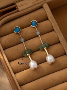 1 par de pendientes largos elegantes y vintage con diseño asimétrico de imitación de jade y perla, con cuentas geométricas para mujeres