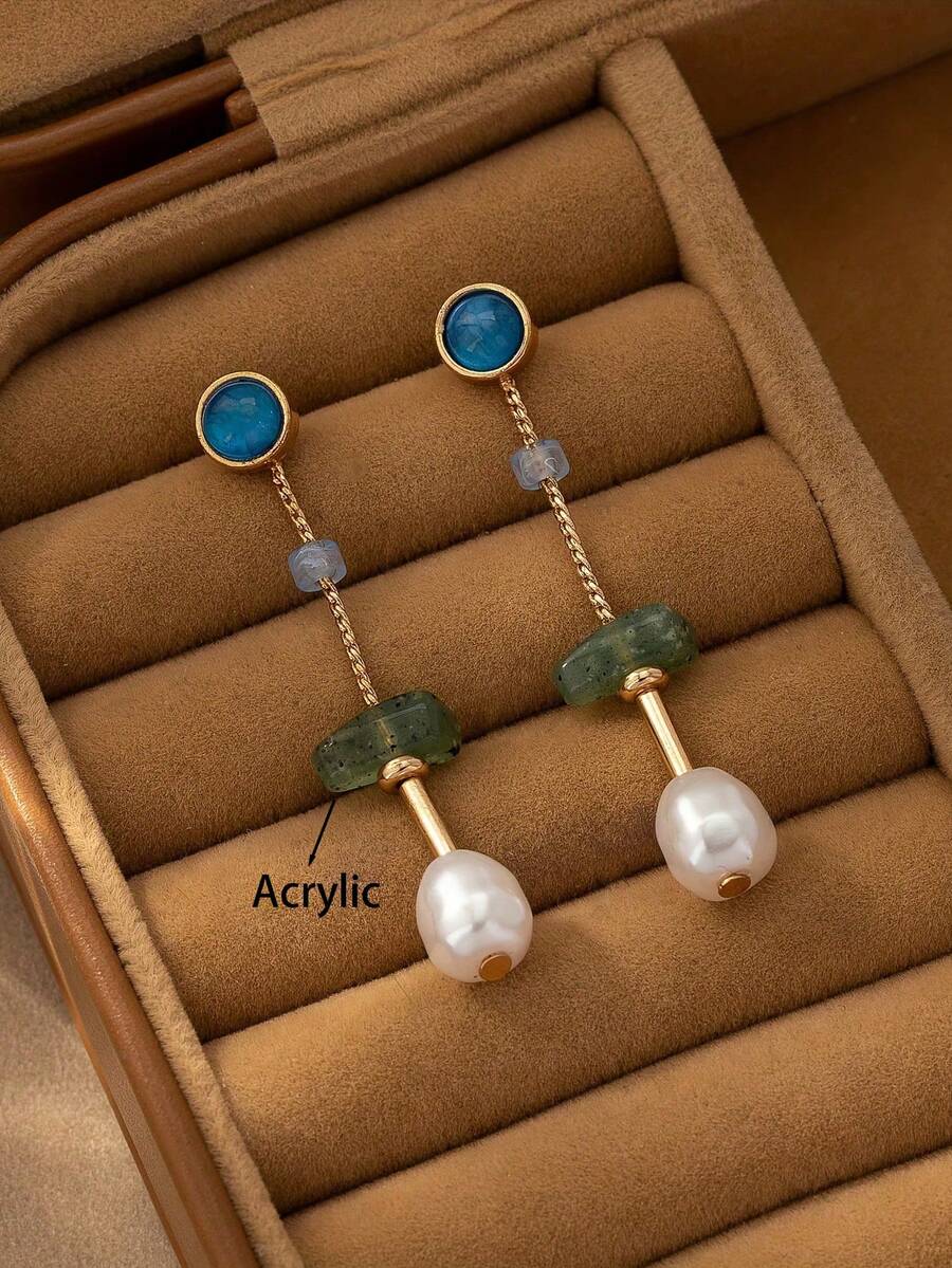 1 par de pendientes largos elegantes y vintage con diseño asimétrico de imitación de jade y perla, con cuentas geométricas para mujeres