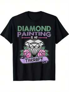 1pc Camiseta Gráfica de Pintura de Diamantes - Diseño "DIAMOND PAINTING is my Relax", 100% Algodón, Cuello Redondo, Manga Corta, Ajuste Regular, 180gsm, Ropa Casual para Hombres y Adolescentes - Correr, Senderismo, Playa, Fiesta - Negro - Ver 1