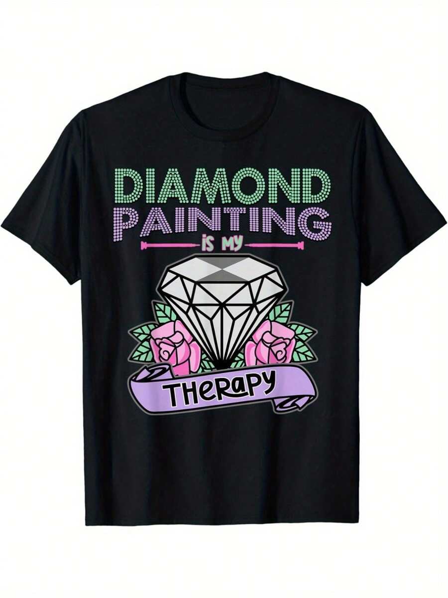 1pc Camiseta Gráfica de Pintura de Diamantes - Diseño "DIAMOND PAINTING is my Relax", 100% Algodón, Cuello Redondo, Manga Corta, Ajuste Regular, 180gsm, Ropa Casual para Hombres y Adolescentes - Correr, Senderismo, Playa, Fiesta - Negro - Ver 1