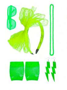 Set de 5 accesorii retro neon anii '80 pentru femei, inclusiv colier cu mărgele, bentiță cu fundă din dantelă, mănuși tip plasă, ochelari pentru jaluzele venețiene, cercei fulger, accesorii esențiale pentru costume de petrecere vintage pentru jocuri de rol și Halloween