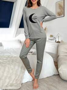Mirano Slogan Print Short Sleeve Top & Cherry Pattern Long Pants Pajama Set - Grey - View 5