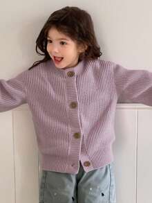 Dazy Kids Young Girl Solid Color Drop Shoulder Long Sleeve Single-Breasted Casual Cardigan, Autumn/Winter - Brown - View 1