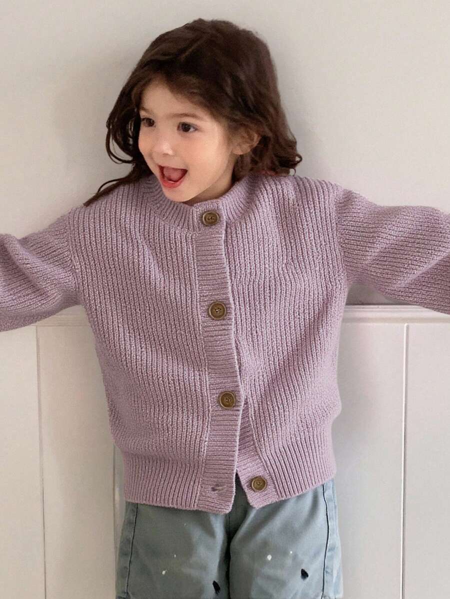 Dazy Kids Young Girl Solid Color Drop Shoulder Long Sleeve Single-Breasted Casual Cardigan, Autumn/Winter - Brown - View 1