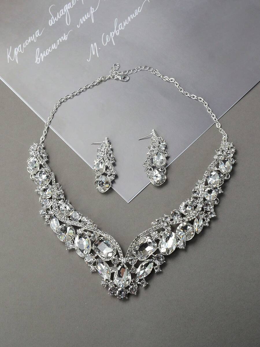 1pcs Luxury Silver Large Crystal Diamond Palace Style Bridal Wedding Dinner Party Dance Sparkling Necklace Earrings Set - 銀色 - 查看 1