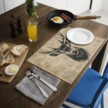 1pc/4pcs/6pcs Deer Head Printed Linen Placemats, Suitable For Dining Table, All Season Decor, Modern Washable Table Mats, Room Decor, Coasters, Kitchen Dining Mats, Indoor Outdoor Party Decoration, Home Decor, Ideal Gift - Multicolor - View 6