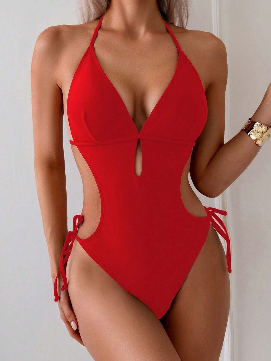 1 bộ đồ bơi nữ gợi cảm, màu trơn, hở lưng, kiểu yếm, thích hợp cho kỳ nghỉ biển. - Đỏ - Xem 1