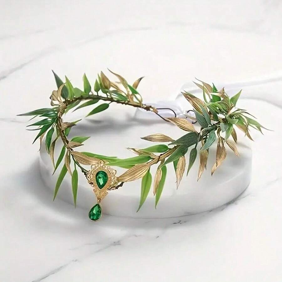 Magical Fairy Leaf Crown - Plastic Elf Princess Headpiece, Suitable For Cosplay, Halloween Costume, Wedding Photography, Zinc Alloy - Green - View 1
