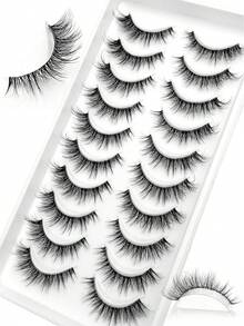 Asiteo 10 Pairs Fluffy Natural Cartoon Style False Eyelashes - Transparent Stem, Faux Mink, Cat Eye Shape, Short Natural Makeup Effect, Suitable For Daily Makeup - Reusable, Comfortable, Beginner-Friendly False Eyelashes - 黑色 - 查看 4
