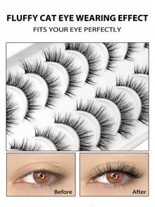 Asiteo 10 Pairs Fluffy Natural Cartoon Style False Eyelashes - Transparent Stem, Faux Mink, Cat Eye Shape, Short Natural Makeup Effect, Suitable For Daily Makeup - Reusable, Comfortable, Beginner-Friendly False Eyelashes - 黑色 - 查看 5